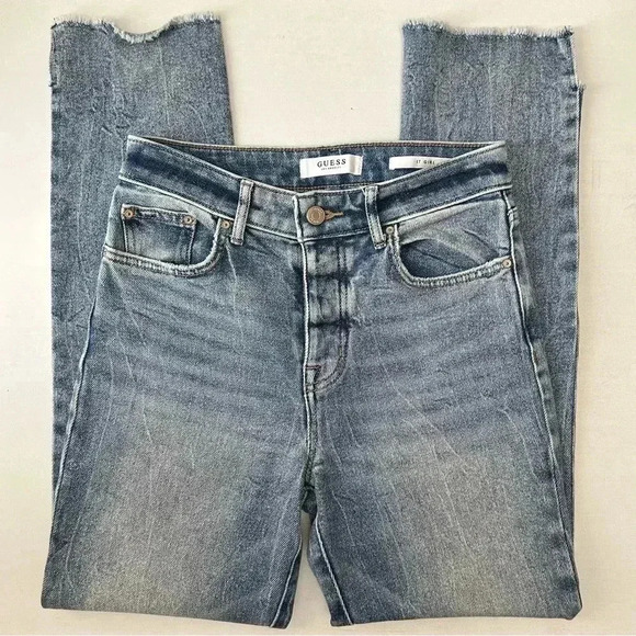 Guess It Girl Jeans  Straight Leg 10” Rise Button Fly Raw Step Hem Blue Size 25 - Picture 16 of 16